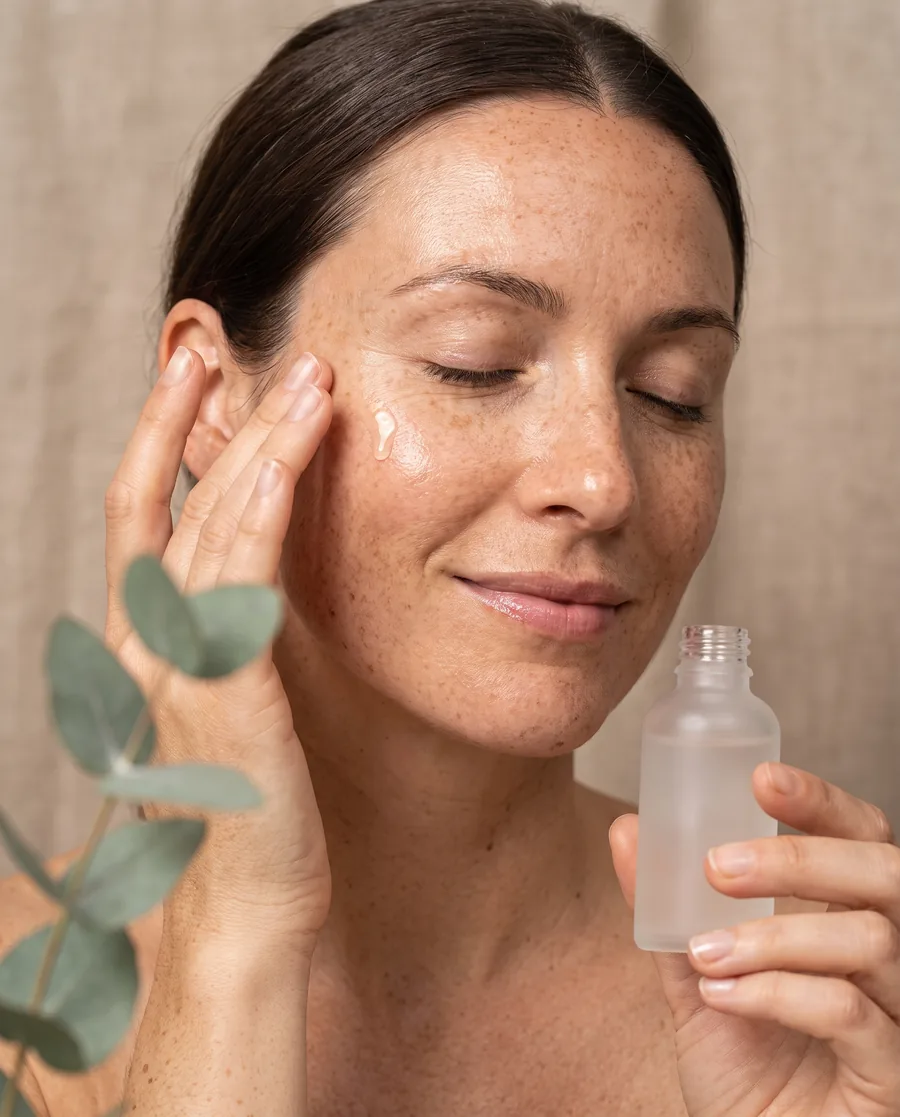 Vrouw met sproeten drukt een druppel serum op haar wang