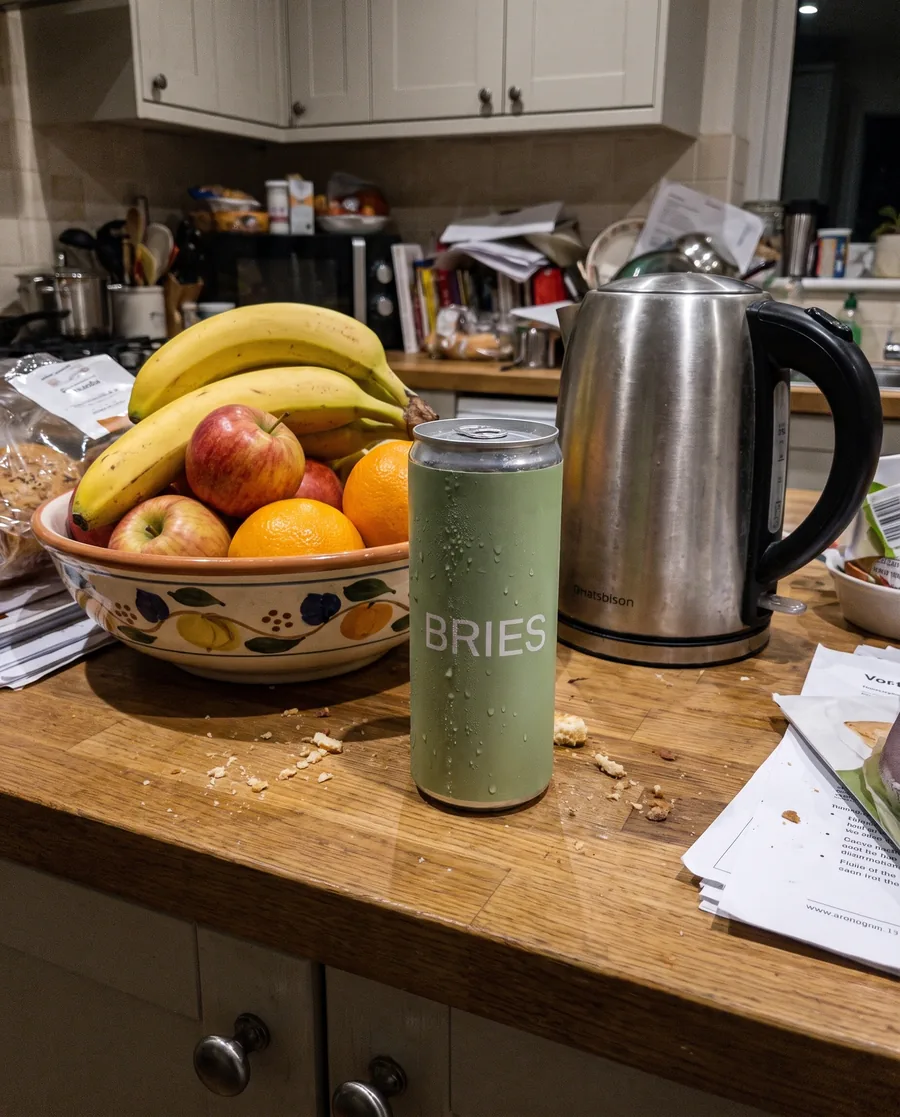 Blikje frisdrank op een rommelig aanrecht, gemaakt met een telefoon