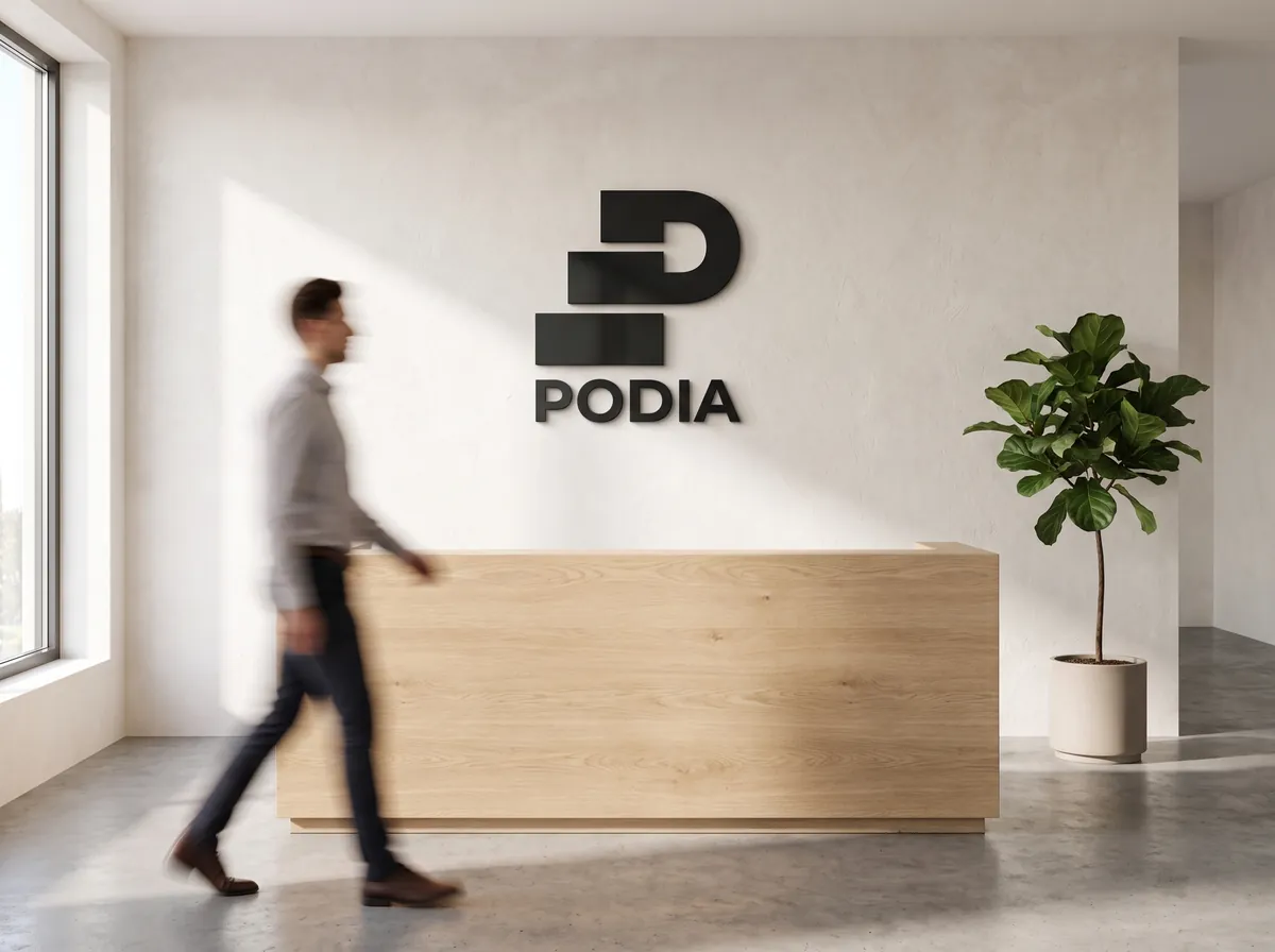 Ontvangstbalie met het Podia-logo op de wand